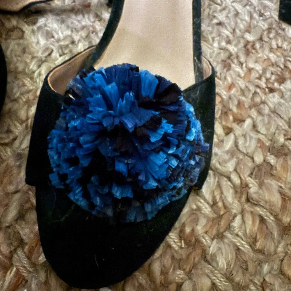 Anthropologie Black and Blue Elegant Heels with Pom-Pom - 4 inch heels
